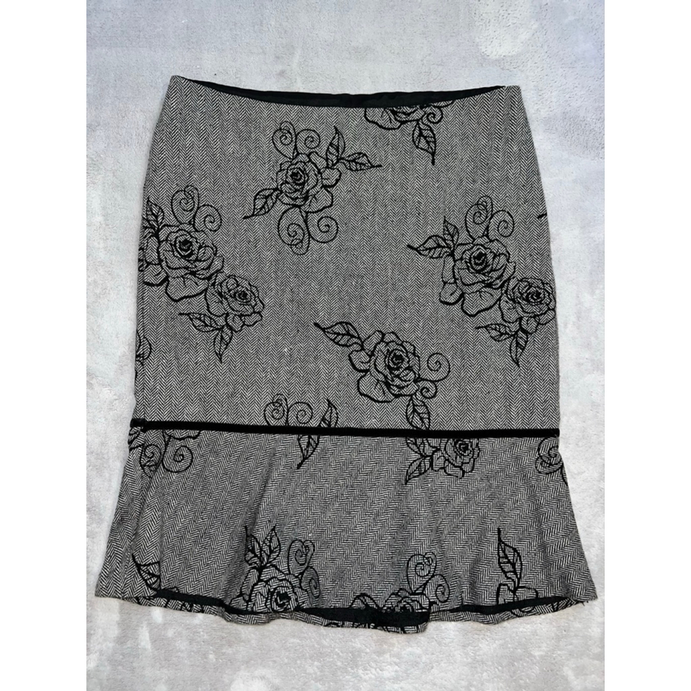 Women's White House Black Market Gray Black Floral Midi Skirt Size 8